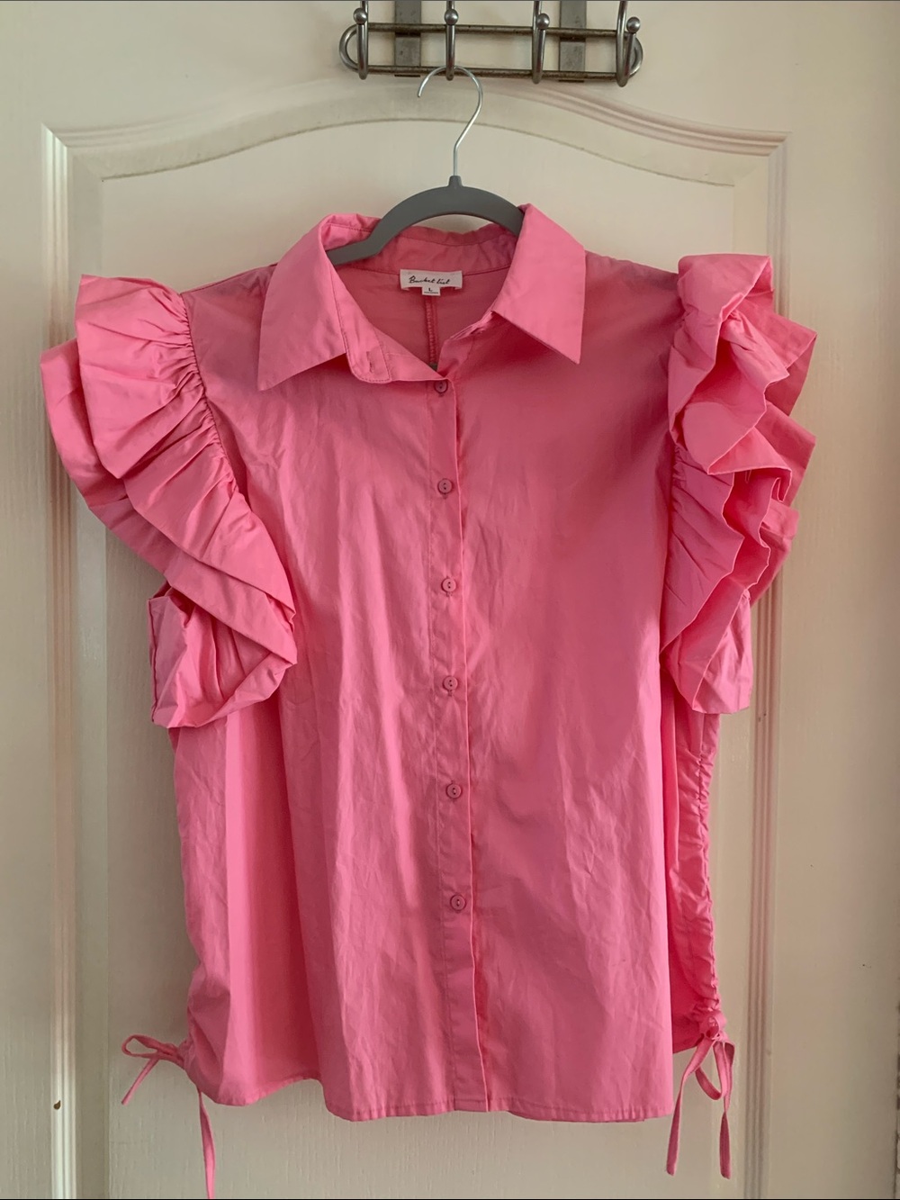 BUCKETLIST Pink Ruffle-Sleeve Button Down Shirt